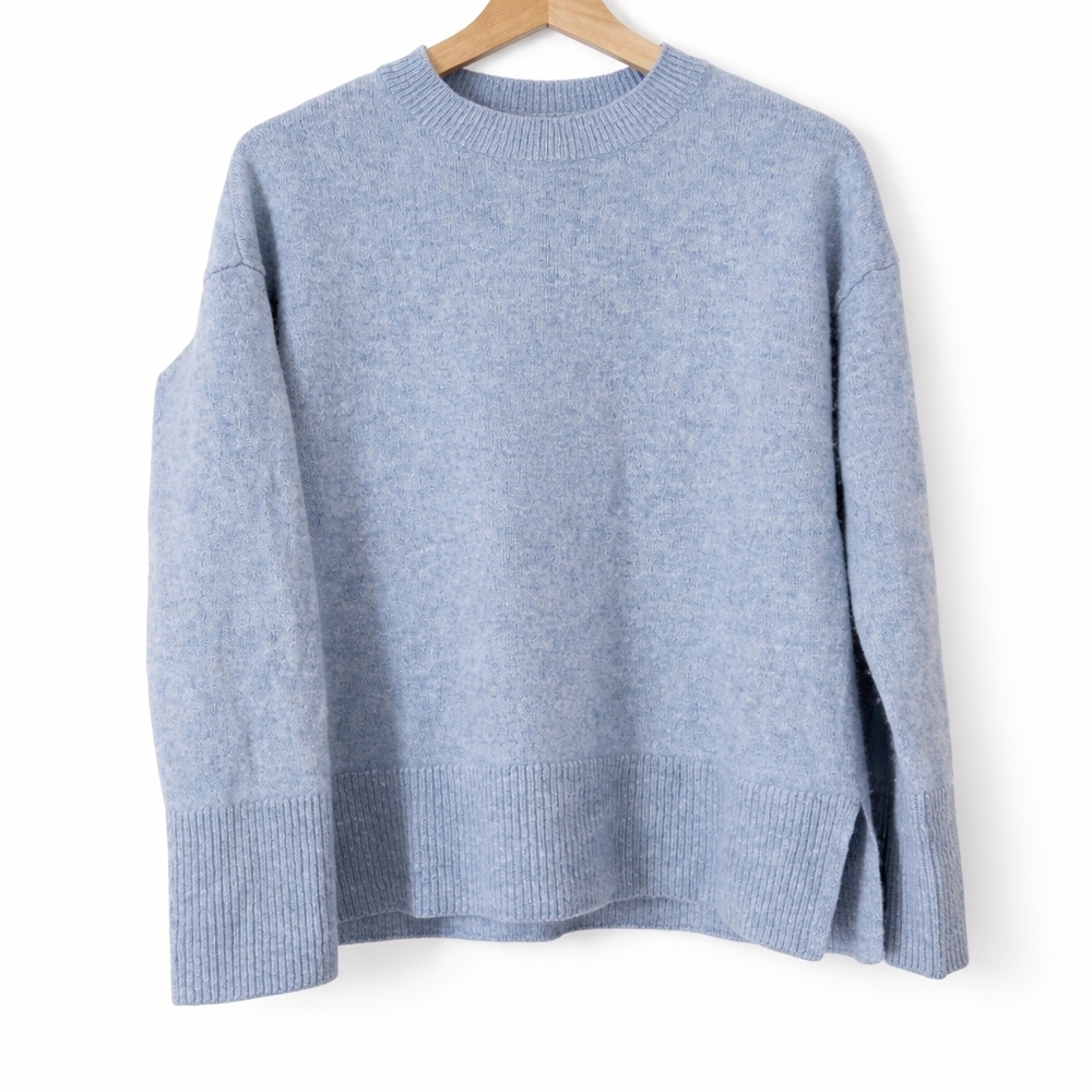 LOFT 100% Cashmere Sweater Women Medium Blue Crewneck Side Slit Soft Cozy Knit